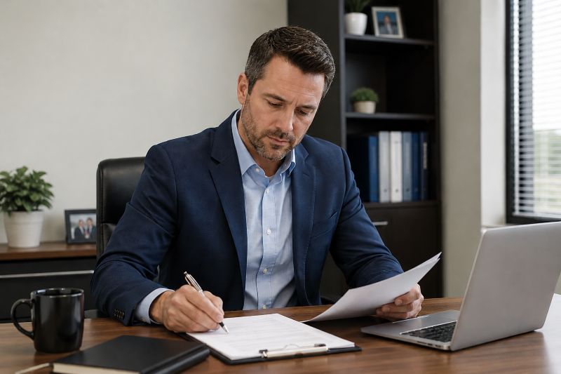 Middle-aged insurance agent sitting and working at his desk