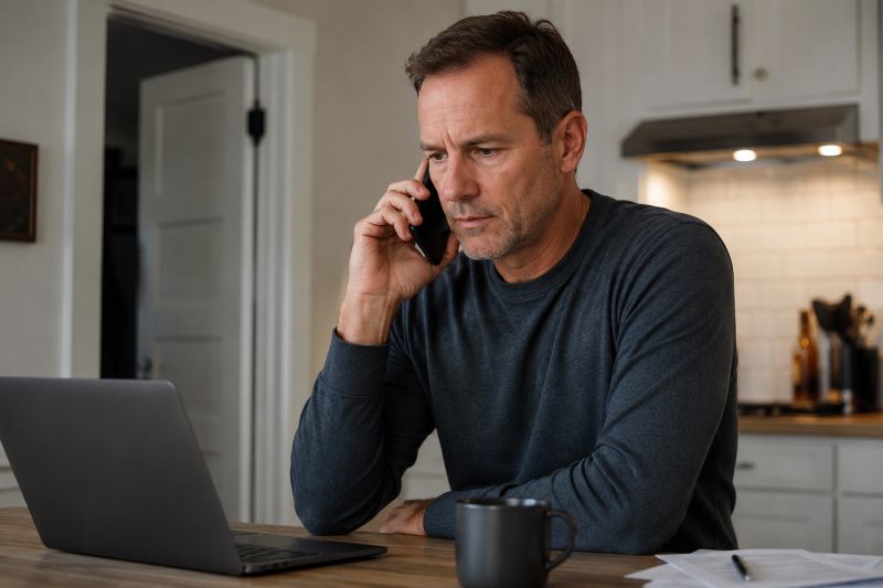 Older man taking a phone call from his kitchen at home